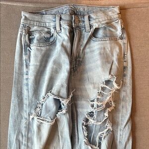 American Eagle Ripped Light Blue Highest Rise Baggy Straight Jeans - 0